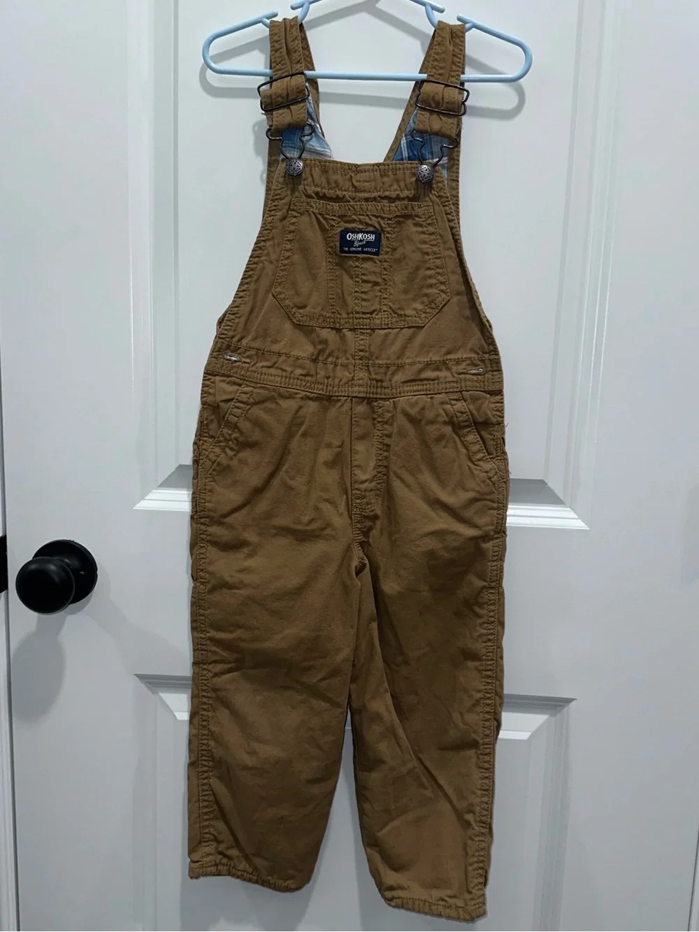 OshKosh Brown Kids Cotton Overalls with Blue Plaid Shirt